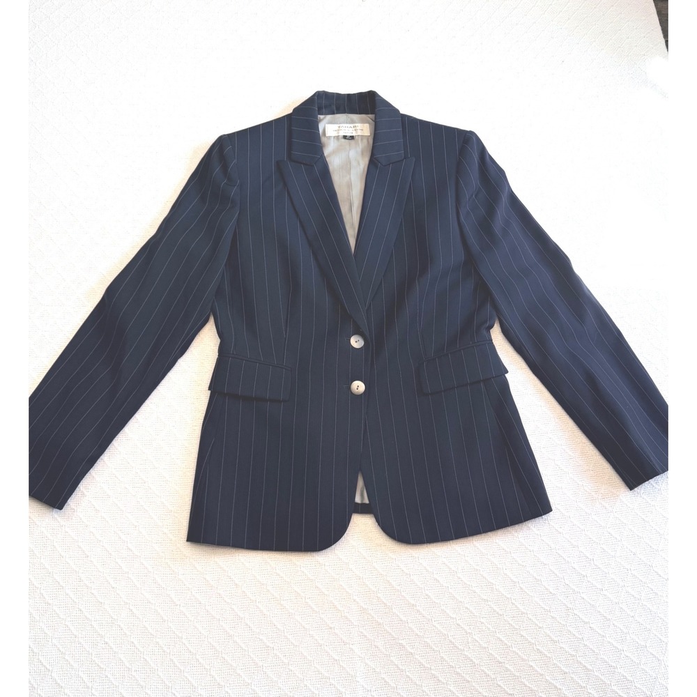 Tahari Arthur S. Levine Petite Navy Blue Pinstripe Two Button Blazer Size 8P